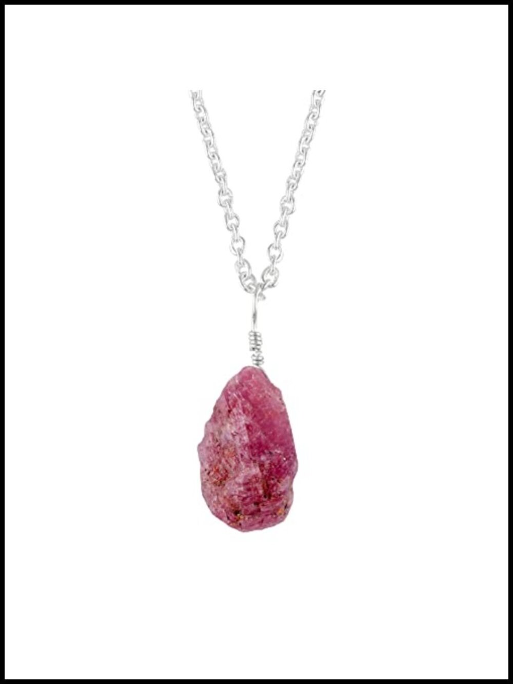 Pendant Necklace with Natural Raw Ruby Stone, Silver Plated Chain Adjustable